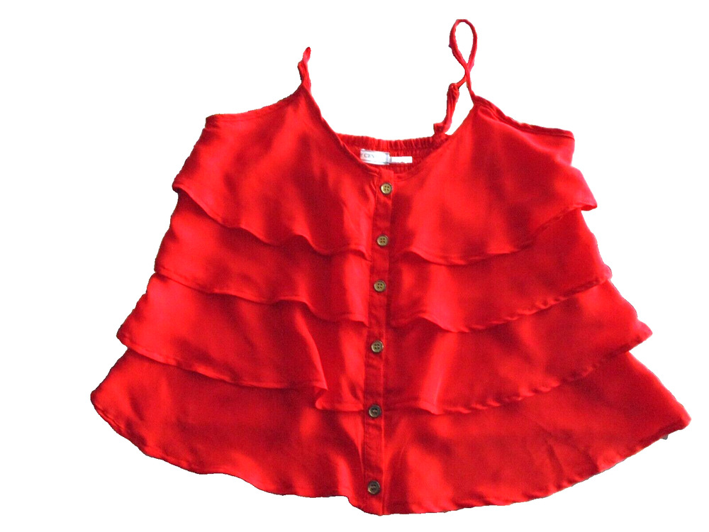 Y2K Vtg Red Rave Crop Top Tiered Ruffle Dance Party Tank Strappy Silk Blouse M
